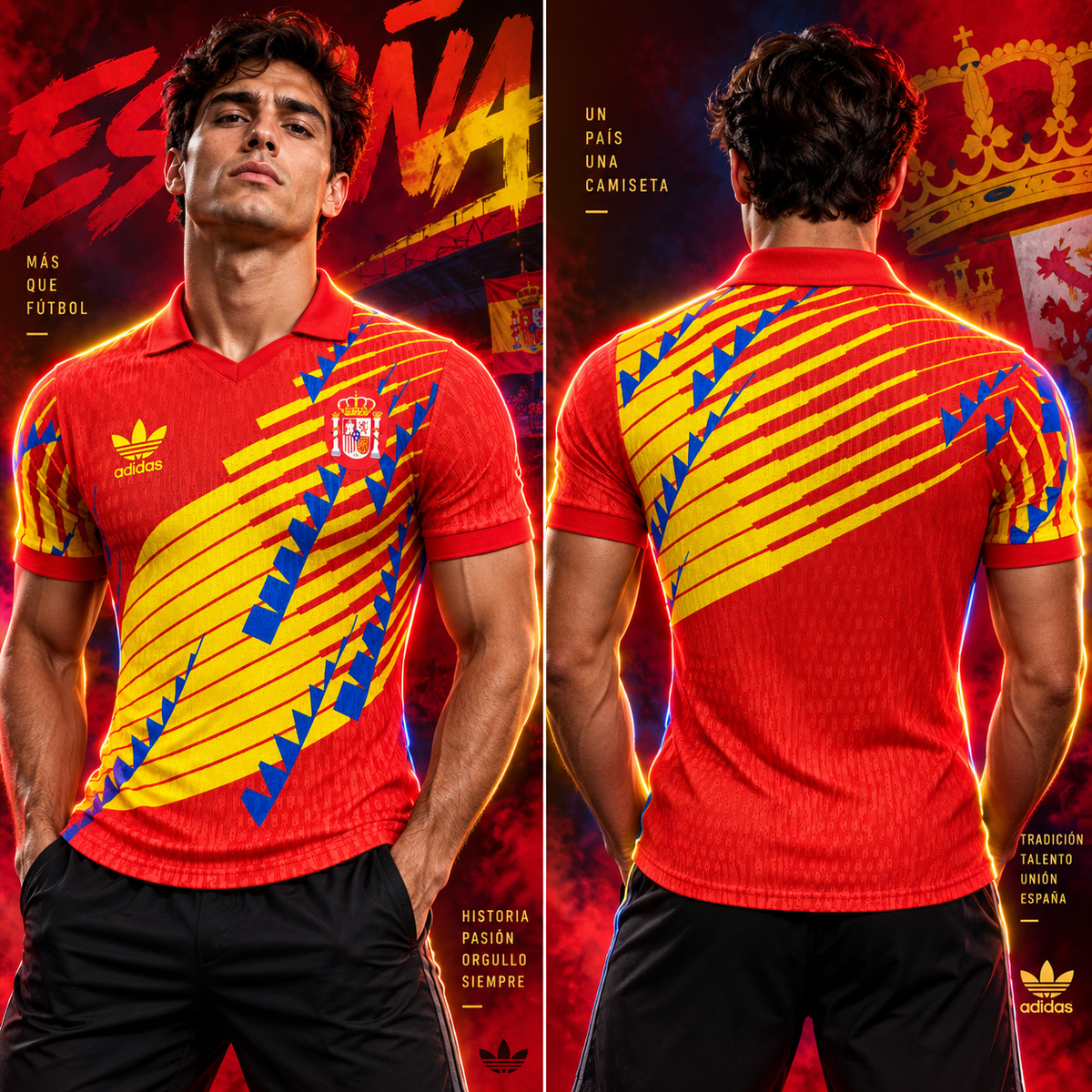 Camiseta España Retro 1994 x Adidas - Vista frontal y trasera con modelo