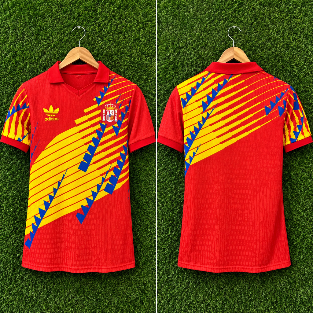 Camiseta España Retro 1994 x Adidas - Vista frontal y trasera sobre percha