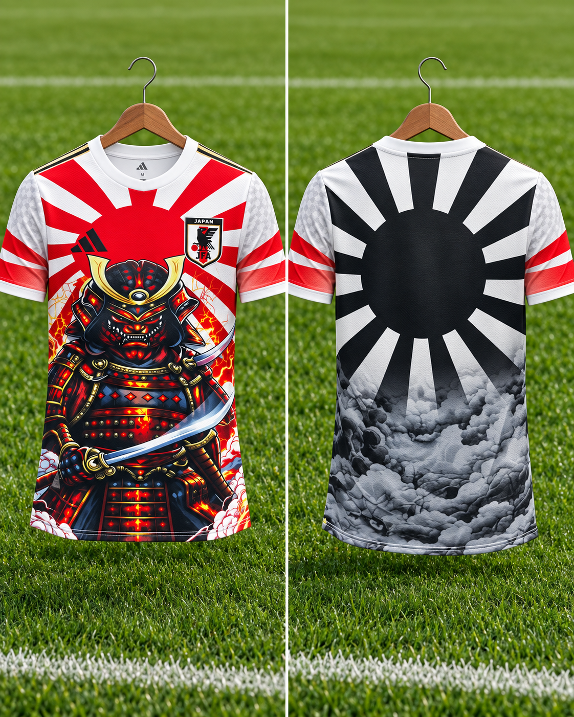 Camiseta Japón x Adidas Samurai Rising - Vista frontal y trasera sobre percha en césped