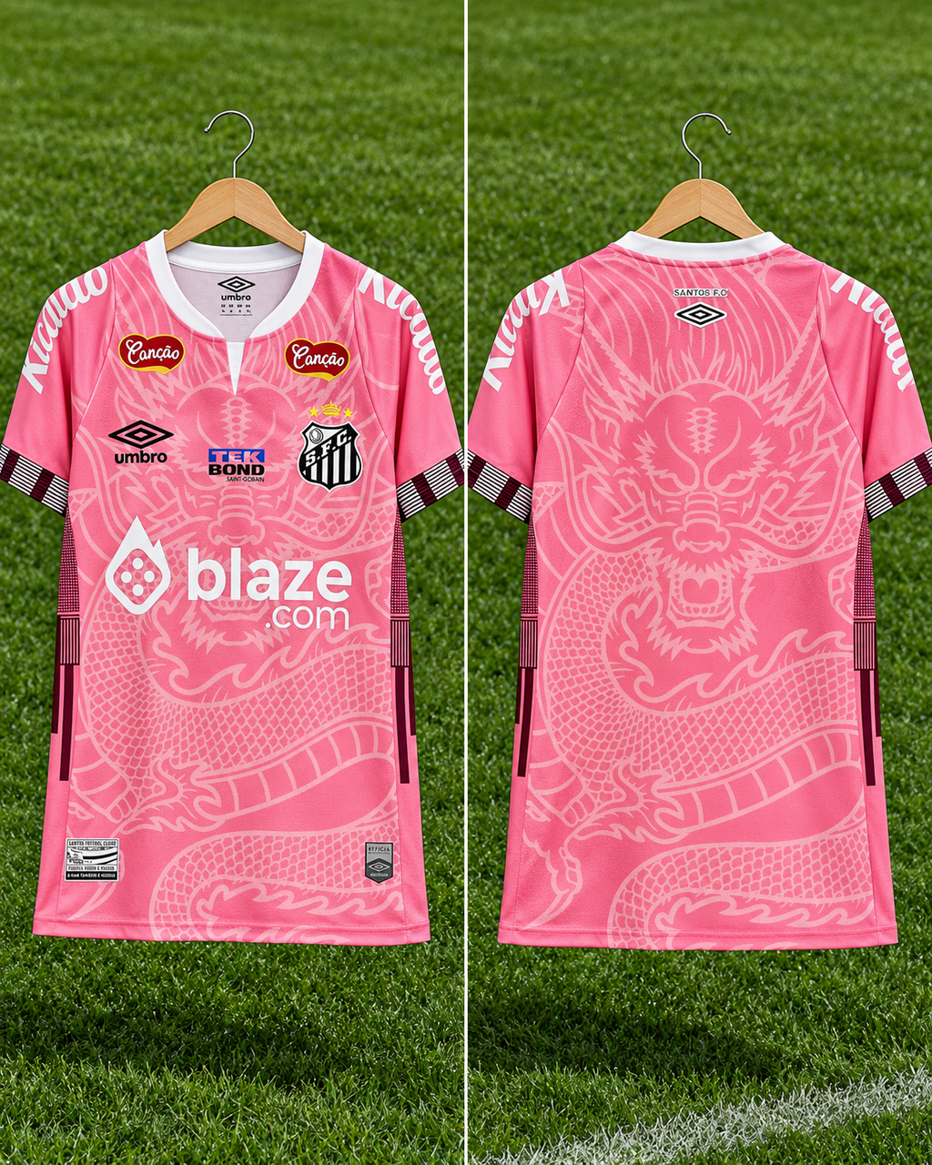 Camiseta Santos FC x Umbro Pink Dragon - Vista frontal y trasera sobre percha