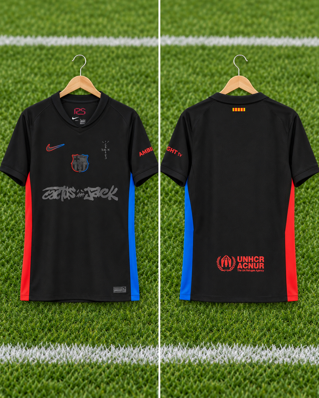 Camiseta FC Barcelona x Cactus Jack - Vista frontal y trasera sobre percha