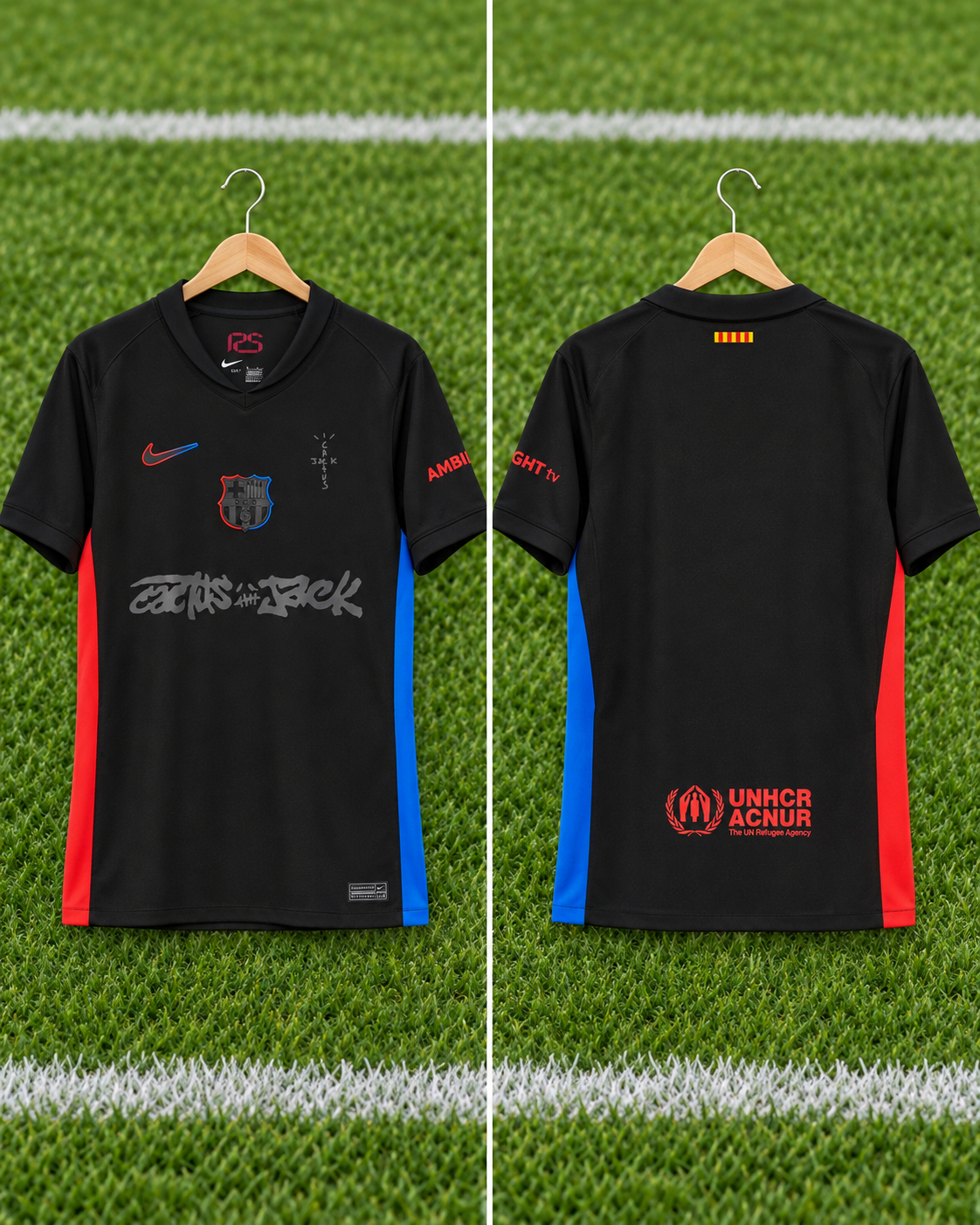 Camiseta FC Barcelona x Cactus Jack - Vista frontal y trasera sobre percha