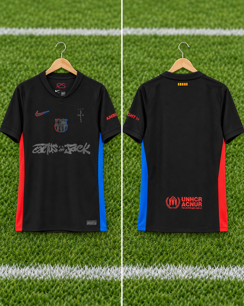 Camiseta FC Barcelona x Cactus Jack - Vista frontal y trasera sobre percha