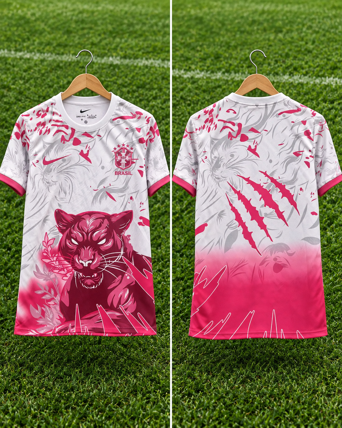 Camiseta Brasil Garra Brasileira 2026 - Vista frontal y trasera sobre percha