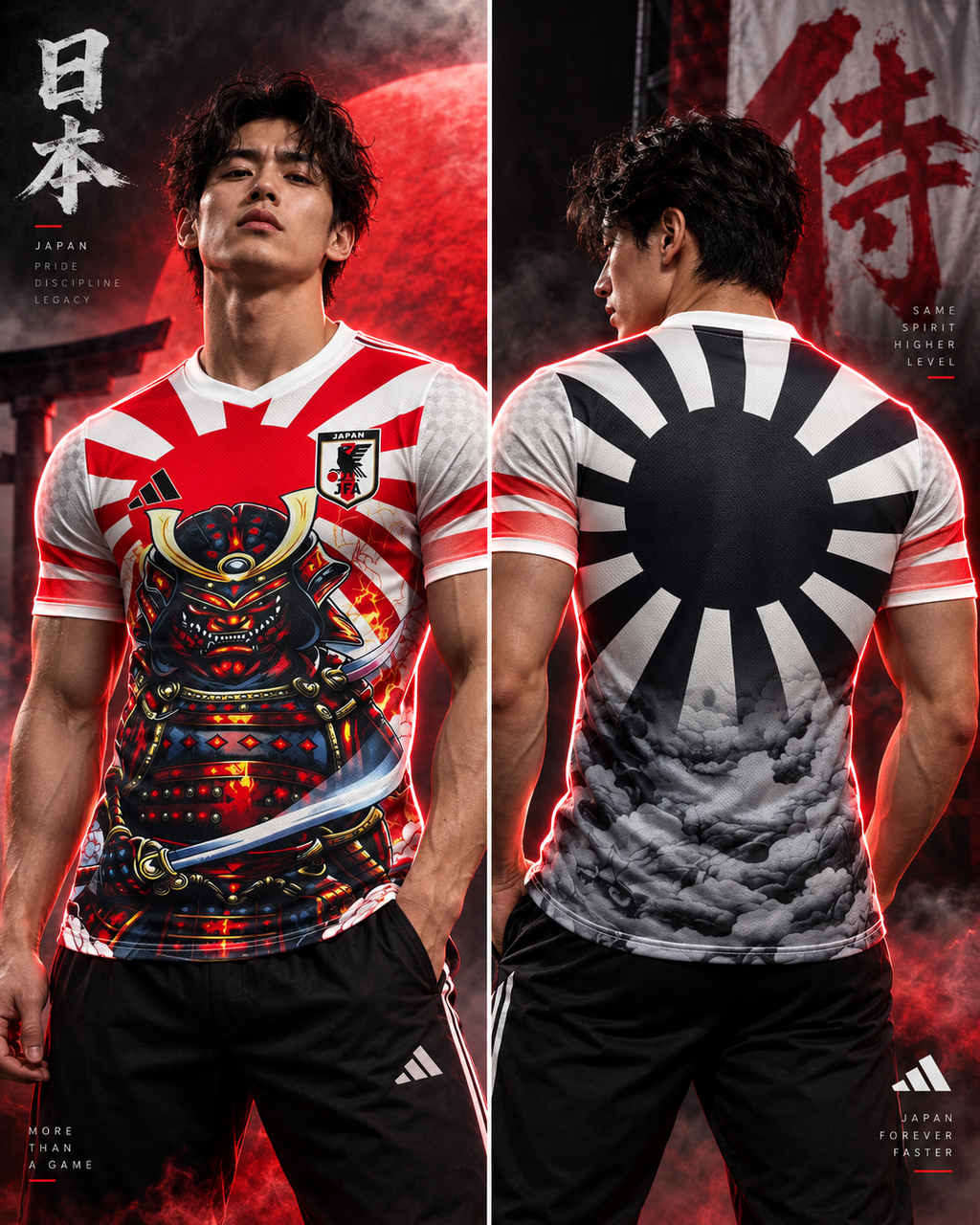 Camiseta Japón x Adidas Samurai Rising - Vista frontal con samurái y trasera con sol naciente en modelo