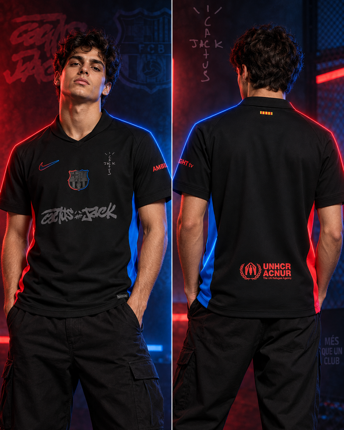 Camiseta FC Barcelona x Cactus Jack - Vista frontal y trasera con modelo