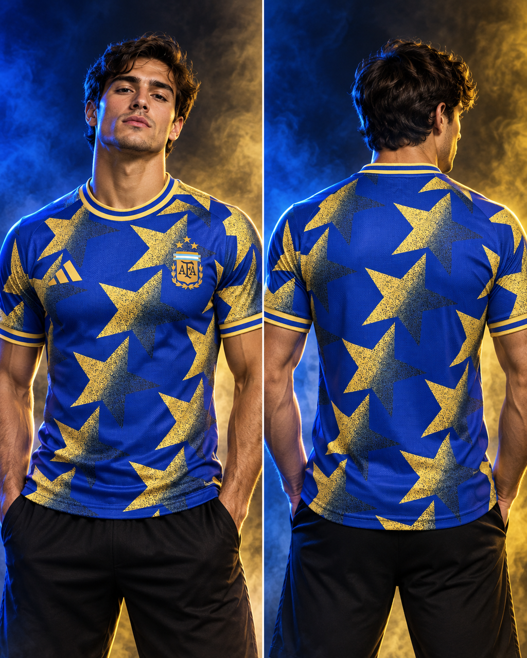 Camiseta Argentina x Adidas Golden Stars Edition - Vista frontal y trasera con modelo
