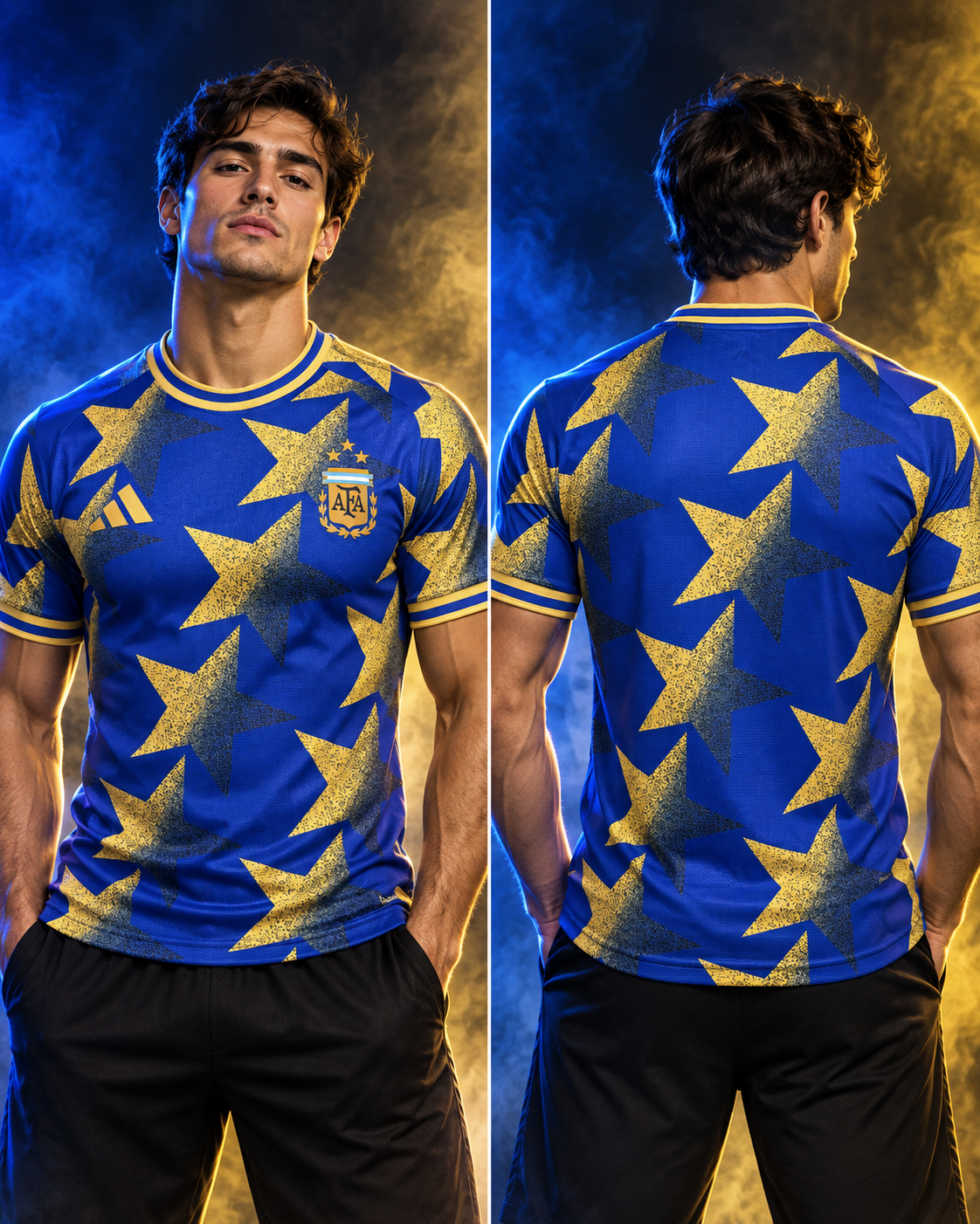 Camiseta Argentina x Adidas Golden Stars Edition - Vista frontal y trasera con modelo