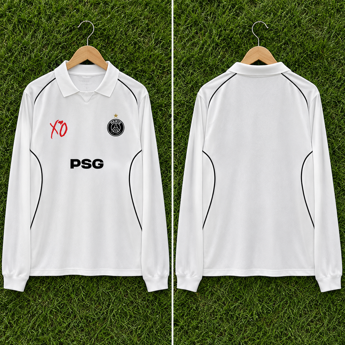 Camiseta PSG x The Weeknd XO More Than A Club - Vista frontal y trasera sobre percha en césped