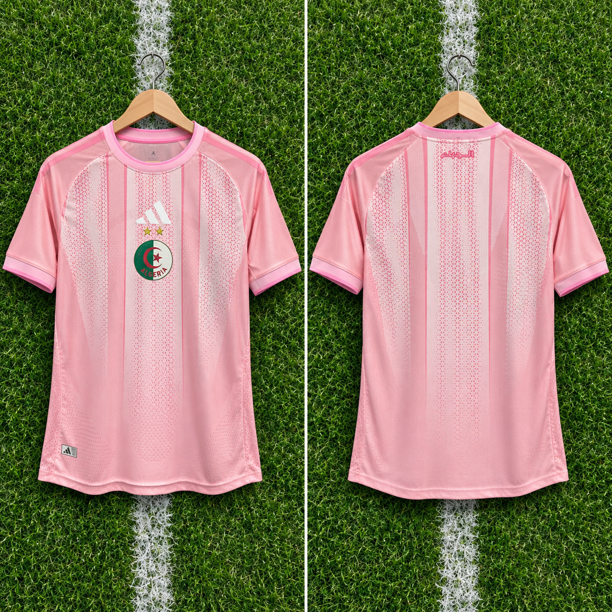 Camiseta Argelia x Adidas Same People Same Dreams - Vista frontal y trasera sobre percha