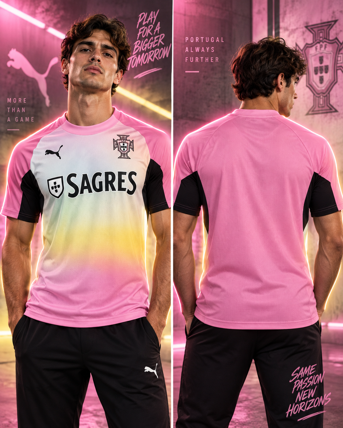 Camiseta Portugal x Puma Same Passion New Horizons - Vista frontal y trasera con modelo