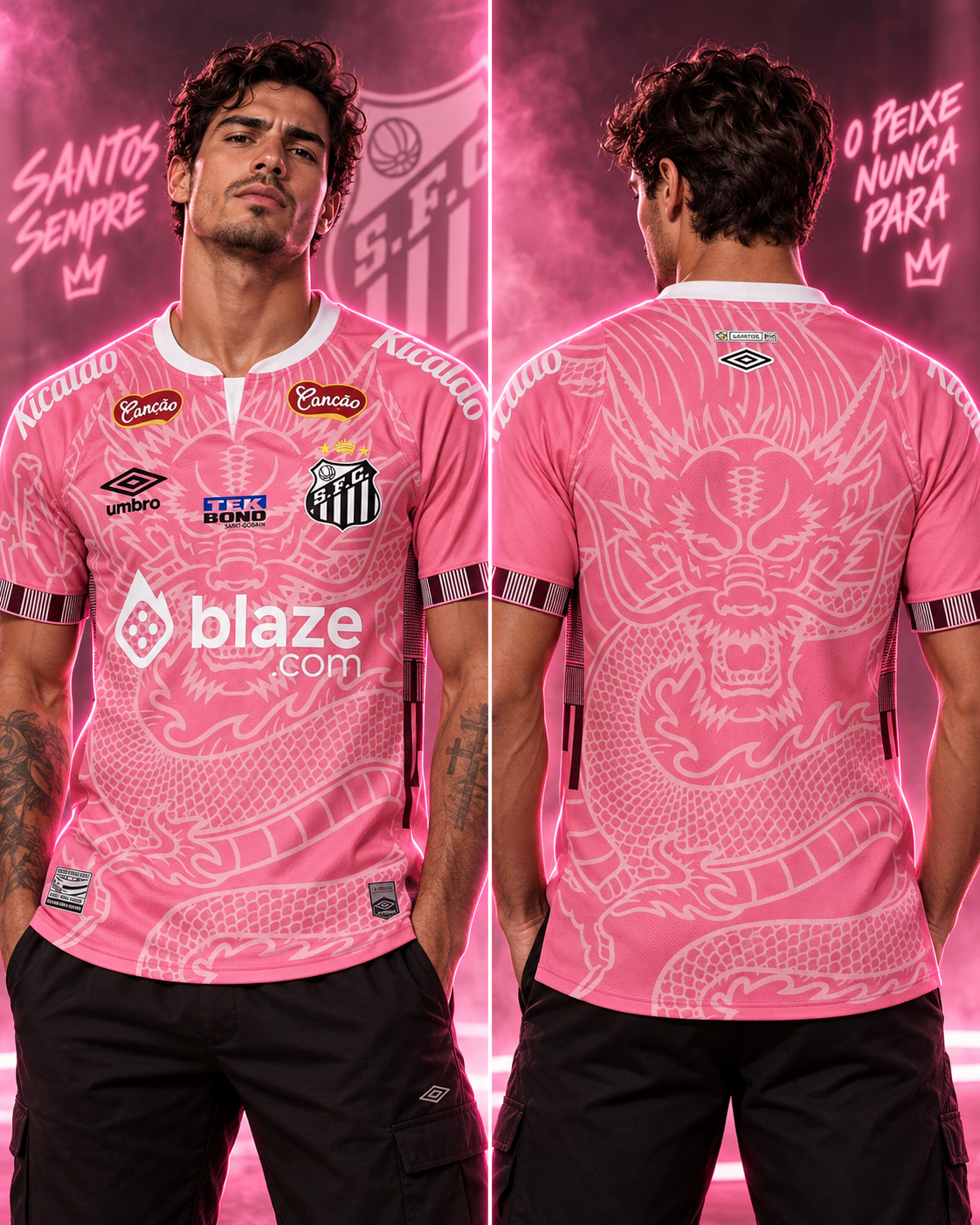 Camiseta Santos FC x Umbro Pink Dragon - Vista frontal y trasera con modelo