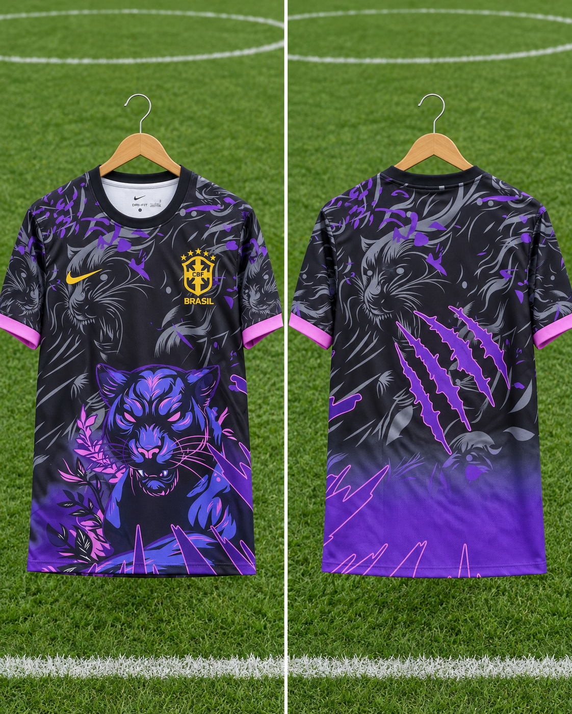 Camiseta Brasil x Nike Dark Panther Edition - Vista frontal y trasera sobre percha