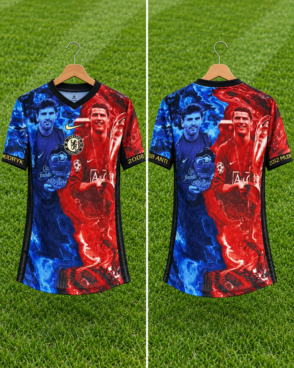 Camiseta Chelsea x Nike Messi vs Ronaldo Fire & Ice - Vista frontal y trasera sobre percha