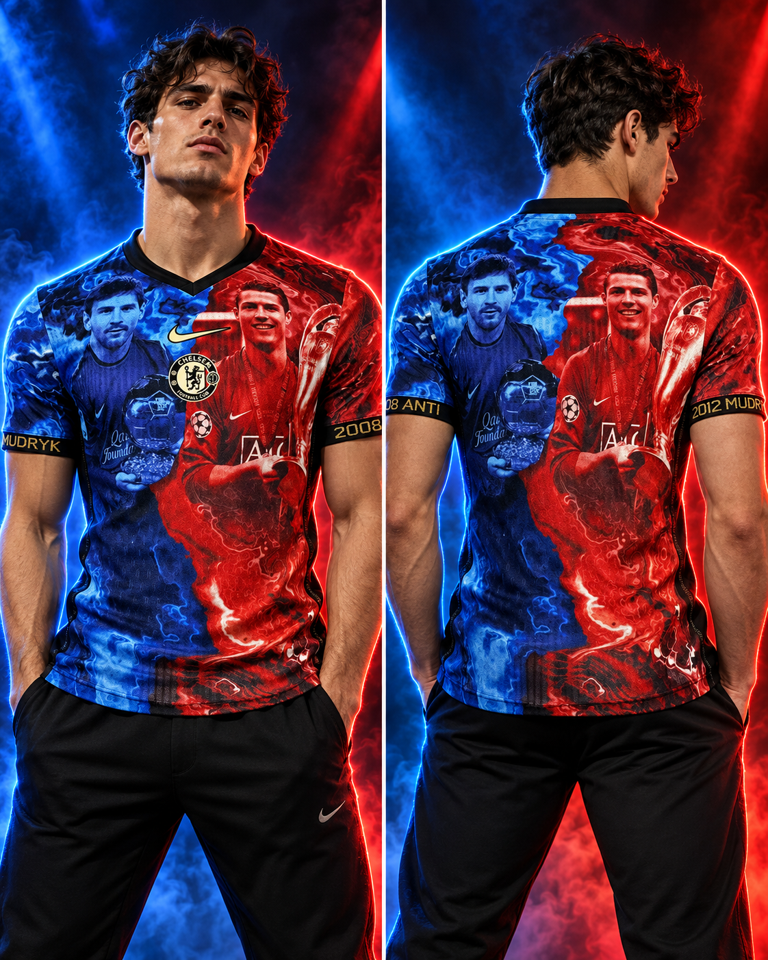 Camiseta Chelsea x Nike Messi vs Ronaldo Fire & Ice - Vista frontal y trasera con modelo