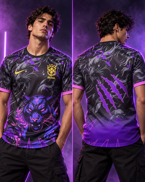 Camiseta Brasil x Nike Dark Panther Edition - Vista frontal y trasera con modelo