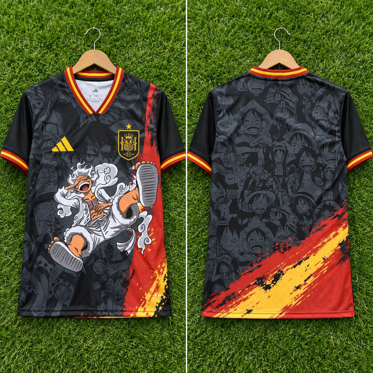 Camiseta España x One Piece Straw Hat Spirit - Vista frontal y trasera sobre percha