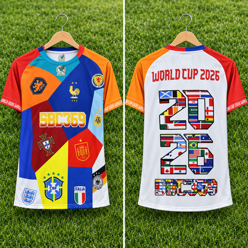 Camiseta World Cup 2026 All Nations - Vista frontal y trasera sobre percha