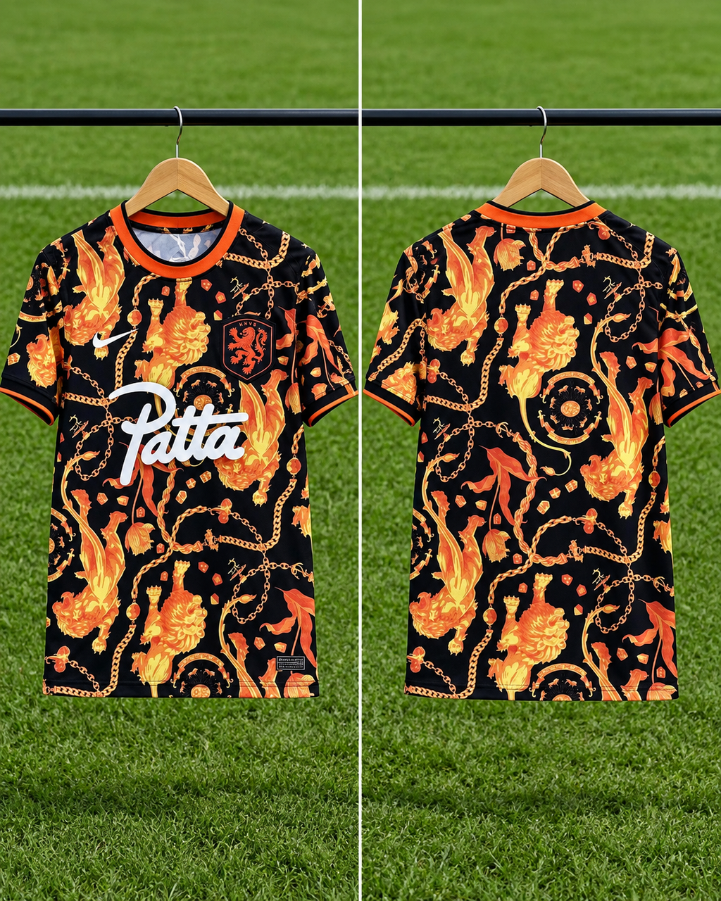Camiseta Holanda x Patta x Nike Lions Culture - Vista frontal y trasera sobre percha