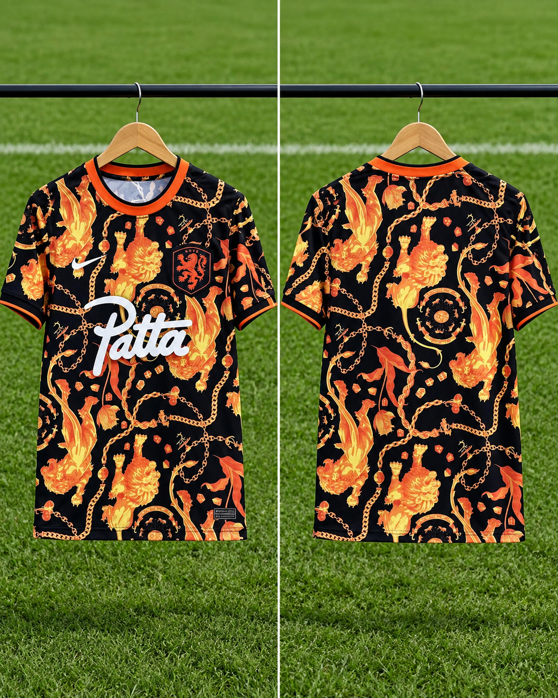 Camiseta Holanda x Patta x Nike Lions Culture - Vista frontal y trasera sobre percha