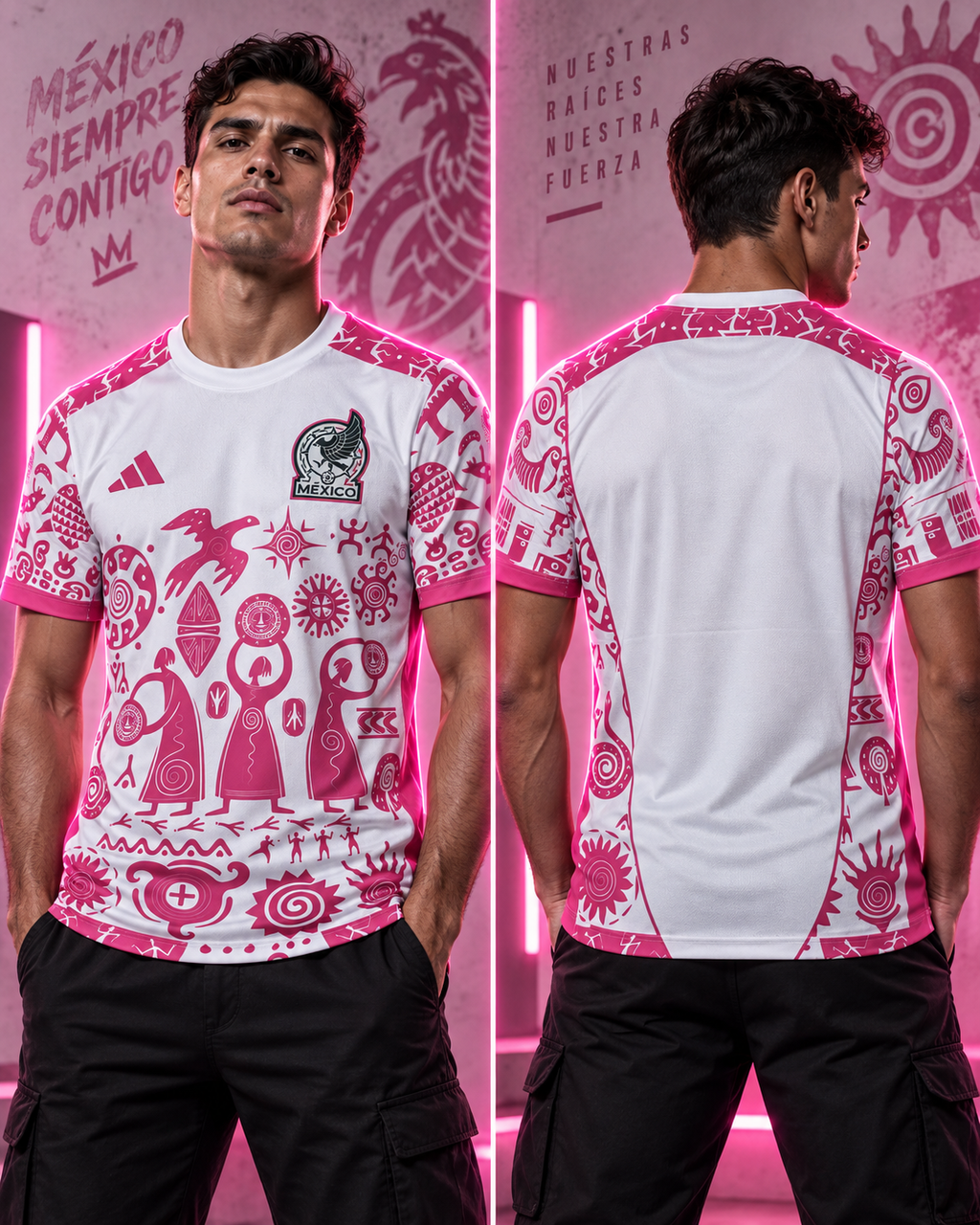Camiseta México x Adidas Nuestras Raíces - Vista frontal y trasera con modelo