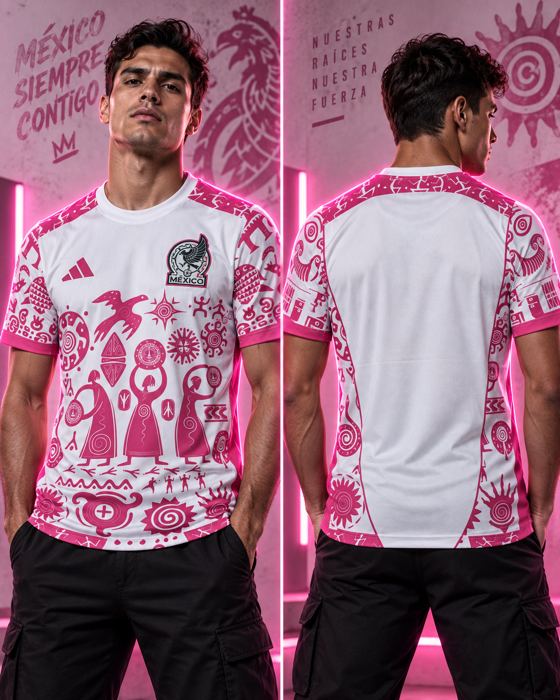 Camiseta México x Adidas Nuestras Raíces - Vista frontal y trasera con modelo