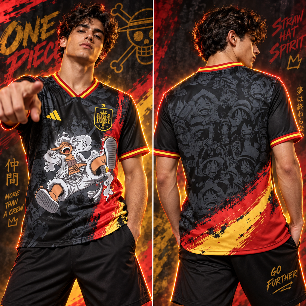 Camiseta España x One Piece Straw Hat Spirit - Vista frontal y trasera con modelo