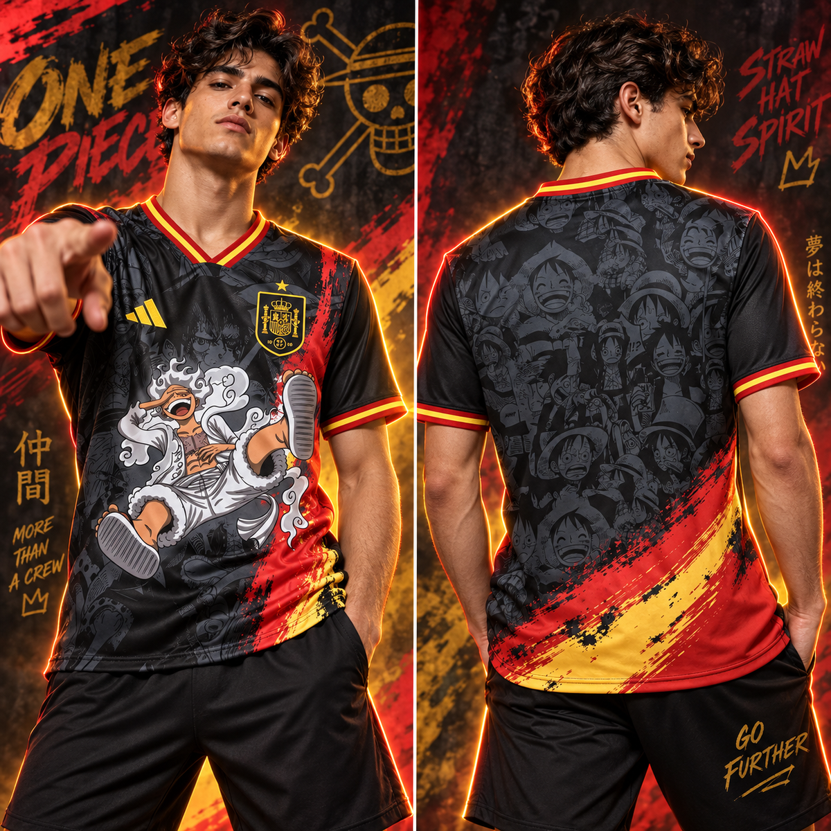 Camiseta España x One Piece Straw Hat Spirit - Vista frontal y trasera con modelo