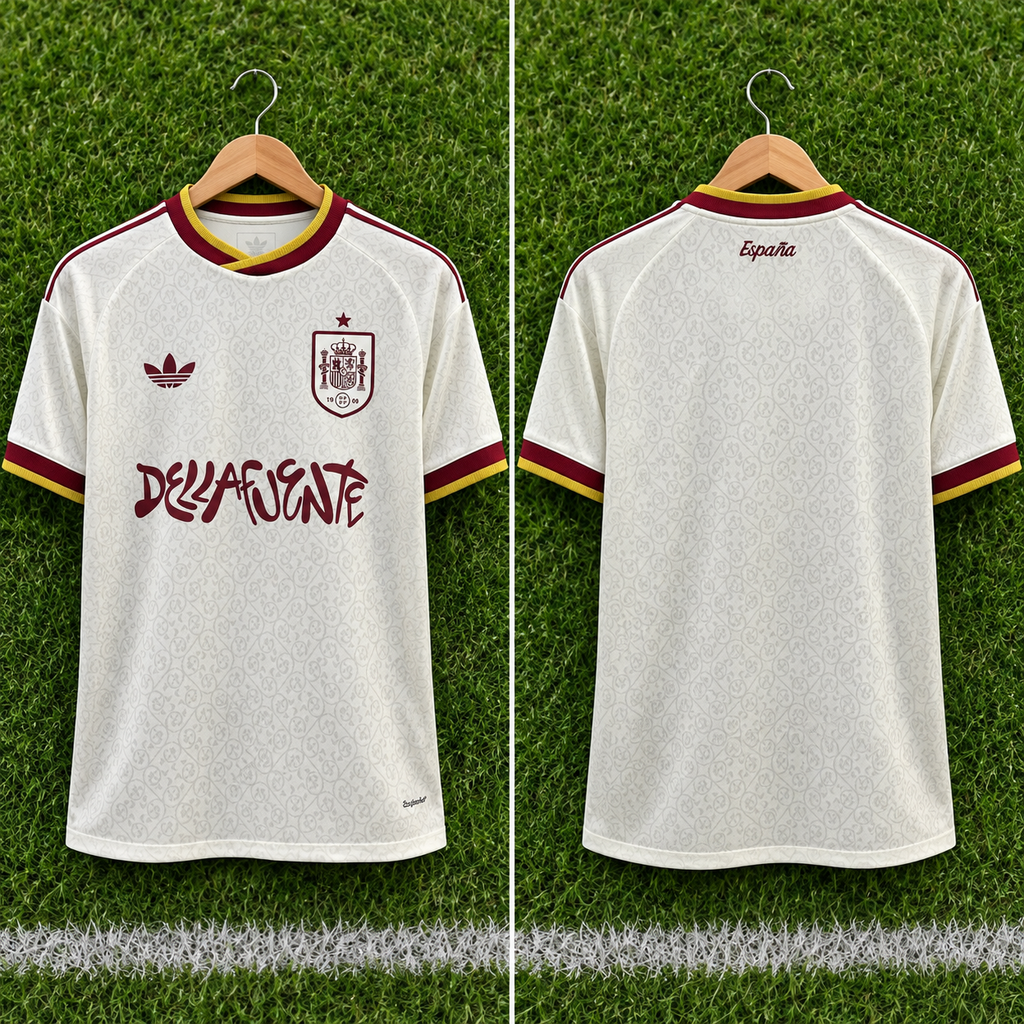 Camiseta España x Adidas Originals x Dellafuente Más que Fútbol - Vista frontal y trasera sobre percha