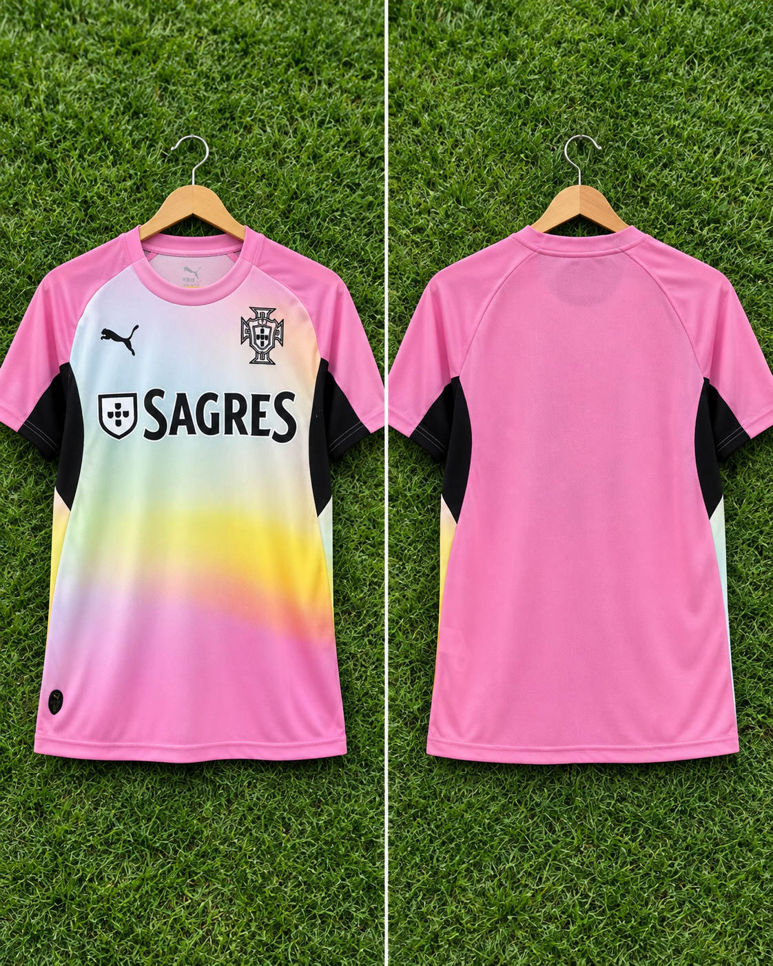 Camiseta Portugal x Puma Same Passion New Horizons - Vista frontal y trasera sobre percha