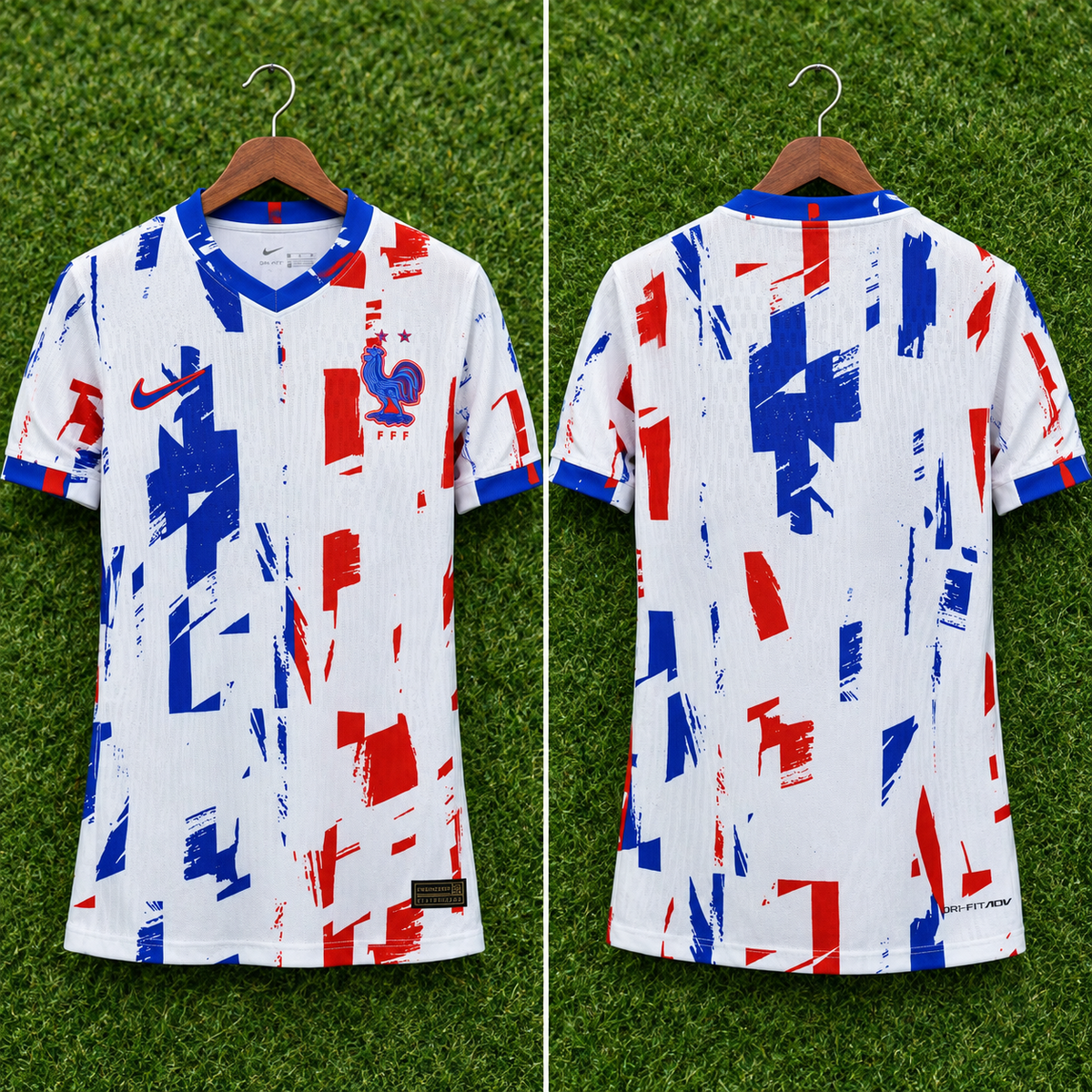 Camiseta Francia x Nike Fiers d'Être Bleus - Vista frontal y trasera sobre percha