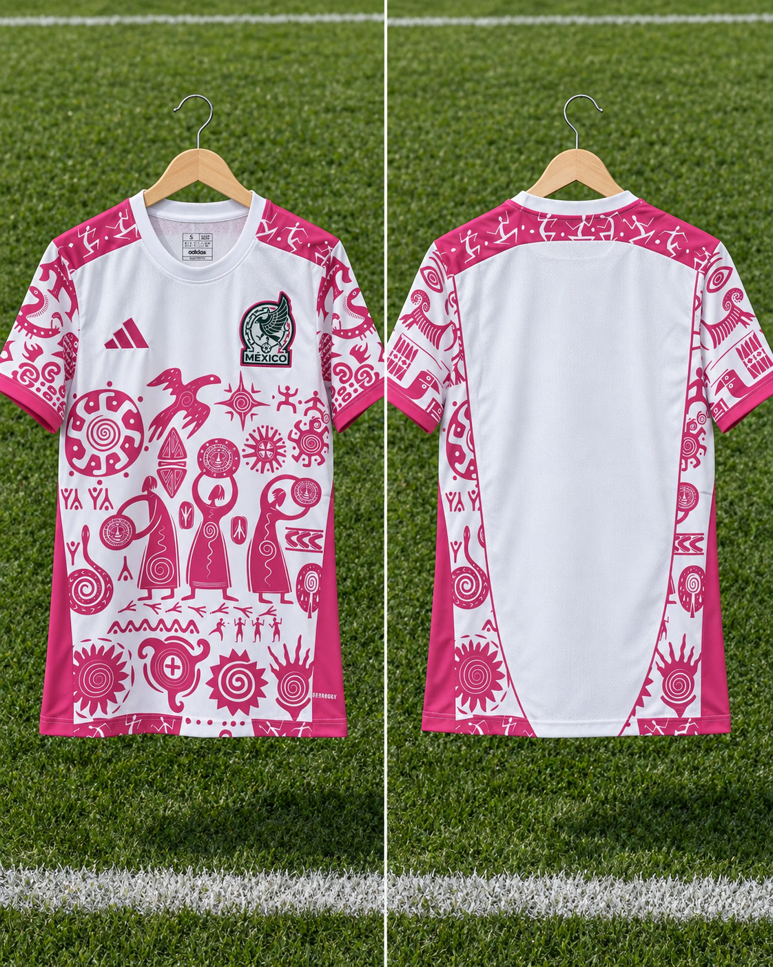 Camiseta México x Adidas Nuestras Raíces - Vista frontal y trasera sobre percha