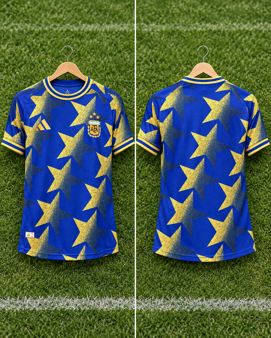Camiseta Argentina x Adidas Golden Stars Edition - Vista frontal y trasera sobre percha